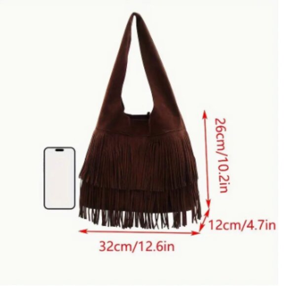 Red Velvety Tote with Fringe Large - Picture 4 of 5